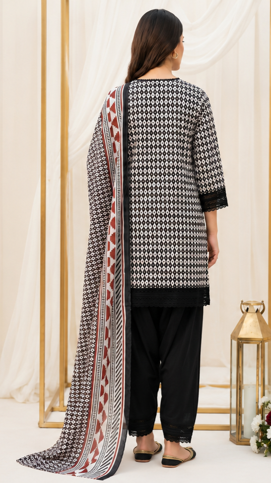 Unstitched Lawn Suit | MONOCHROME | 3Pcs