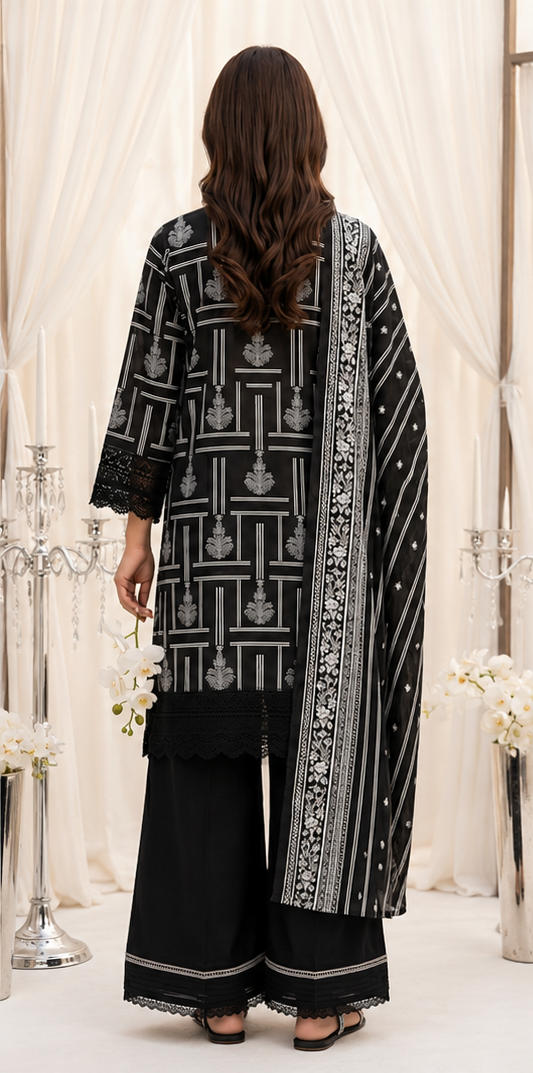 Unstitched Lawn Suit | MONOCHROME | 3Pcs