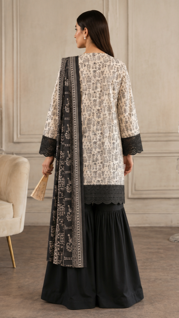 Unstitched Lawn Suit | MONOCHROME | 3Pcs
