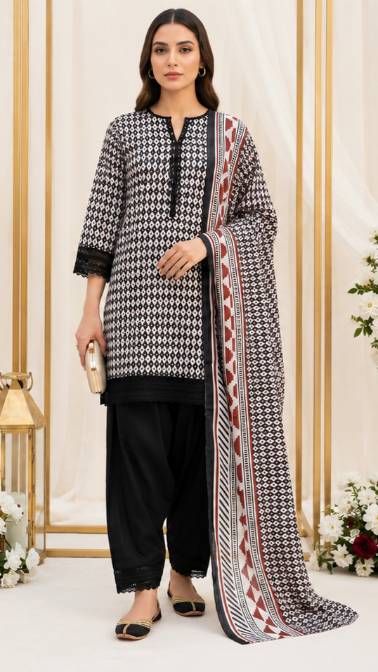 Unstitched Lawn Suit | MONOCHROME | 3Pcs