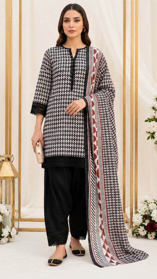 Unstitched Lawn Suit | MONOCHROME | 3Pcs