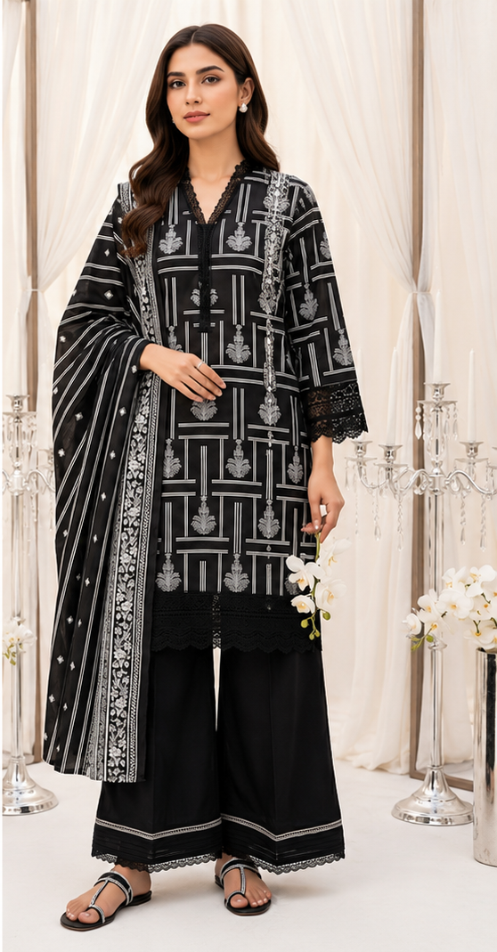 Unstitched Lawn Suit | MONOCHROME | 3Pcs