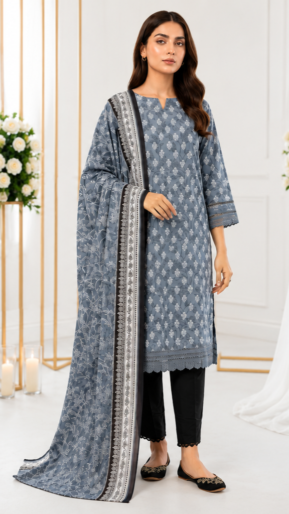 Unstitched Lawn Suit | MONOCHROME | 3Pcs