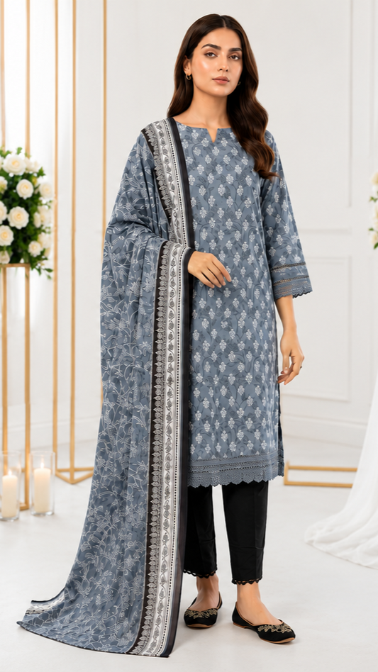 Unstitched Lawn Suit | MONOCHROME | 3Pcs