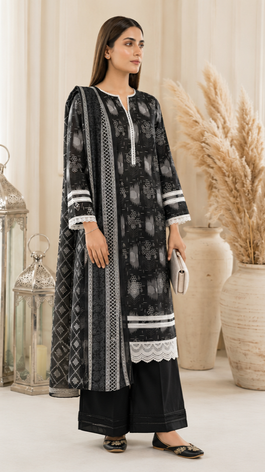 Unstitched Lawn Suit | MONOCHROME | 3Pcs