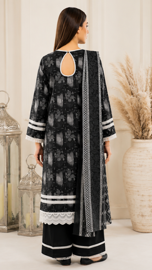 Unstitched Lawn Suit | MONOCHROME | 3Pcs