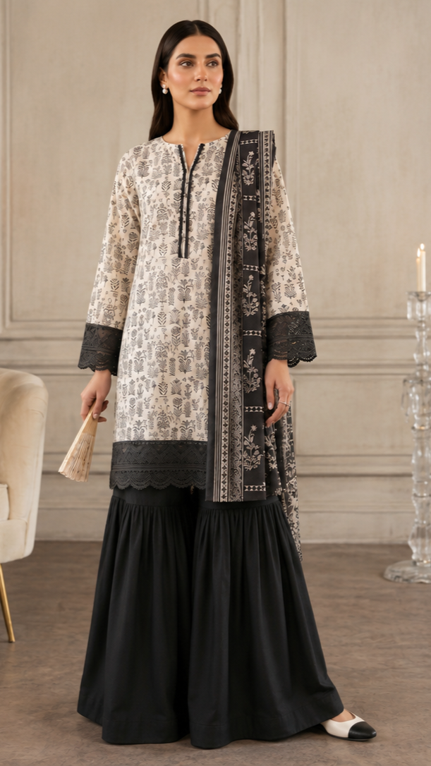 Unstitched Lawn Suit | MONOCHROME | 3Pcs