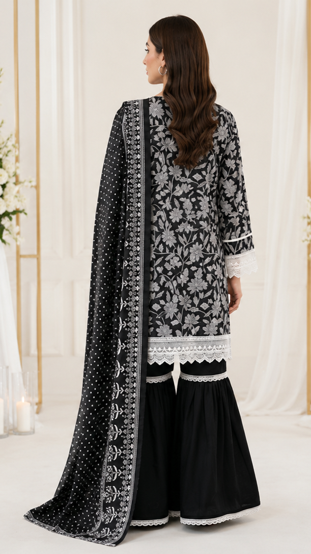 Unstitched Lawn Suit | MONOCHROME | 3Pcs