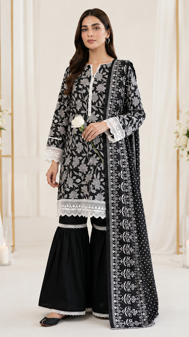 Unstitched Lawn Suit | MONOCHROME | 3Pcs